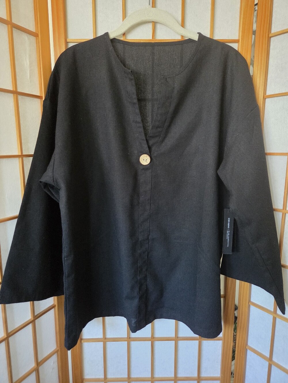 NEW WOMENS BLACK LINEN MIX LONG SLEEVES ONE BUTTON TUNIC BLOUSE SIZE LARGE